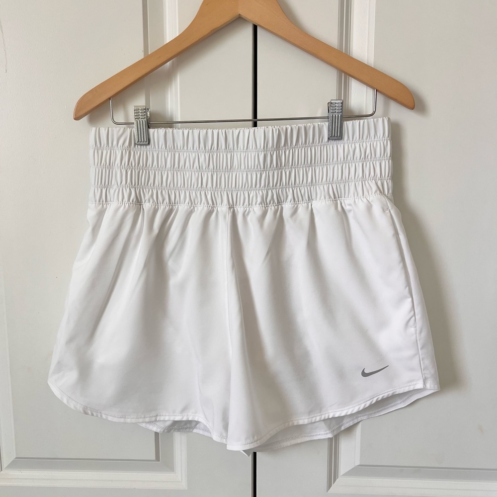 Nike White Athletic Shorts with Gray Swoosh